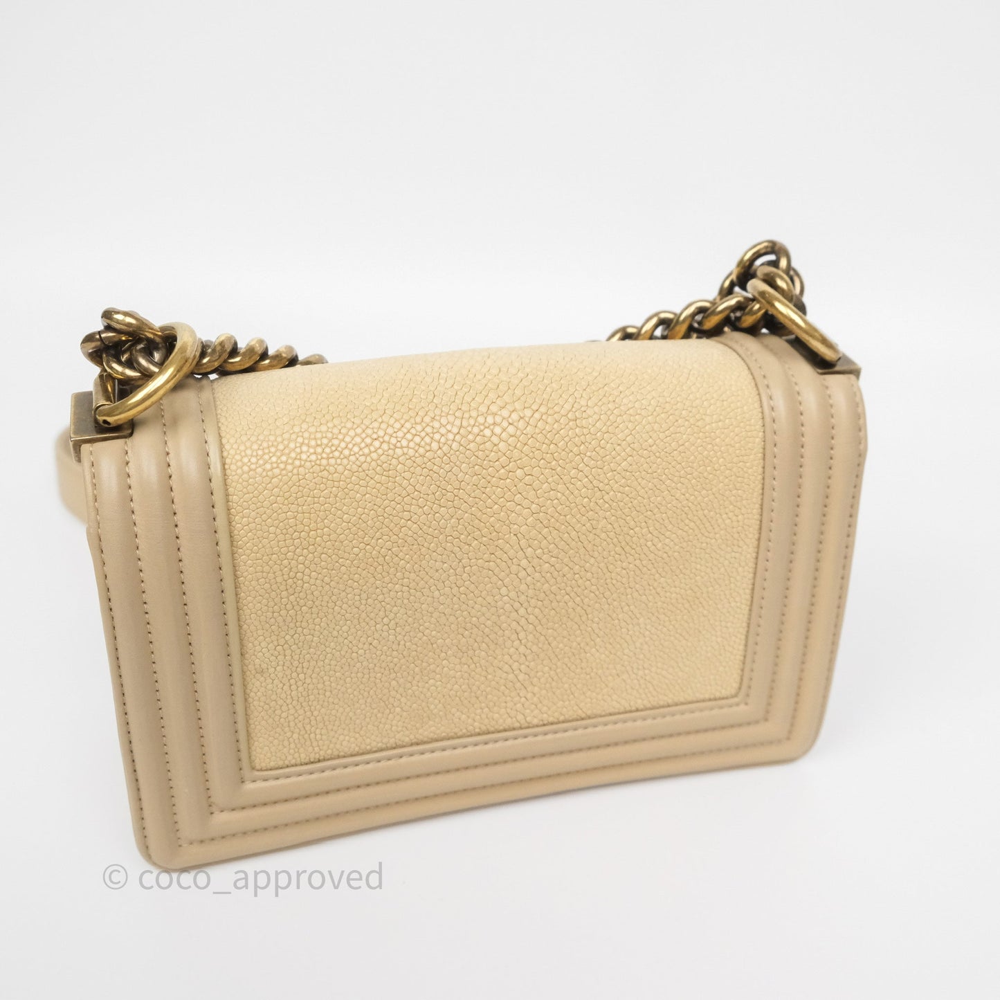 Chanel Small Boy Stingray Beige Antique Gold Hardware