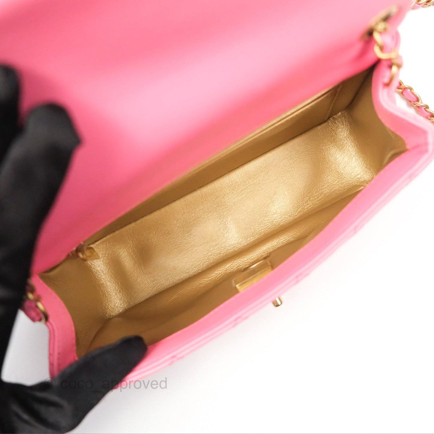 Chanel Mini Rectangular Pearl Crush Quilted Pink Lambskin Aged Gold Hardware