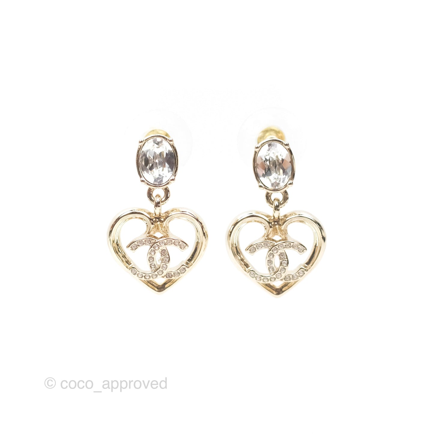 Chanel Crystal CC Heart Drop Earrings Gold Tone 23C