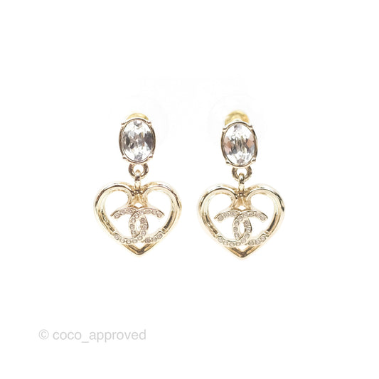 Chanel Crystal CC Heart Drop Earrings Gold Tone 23C