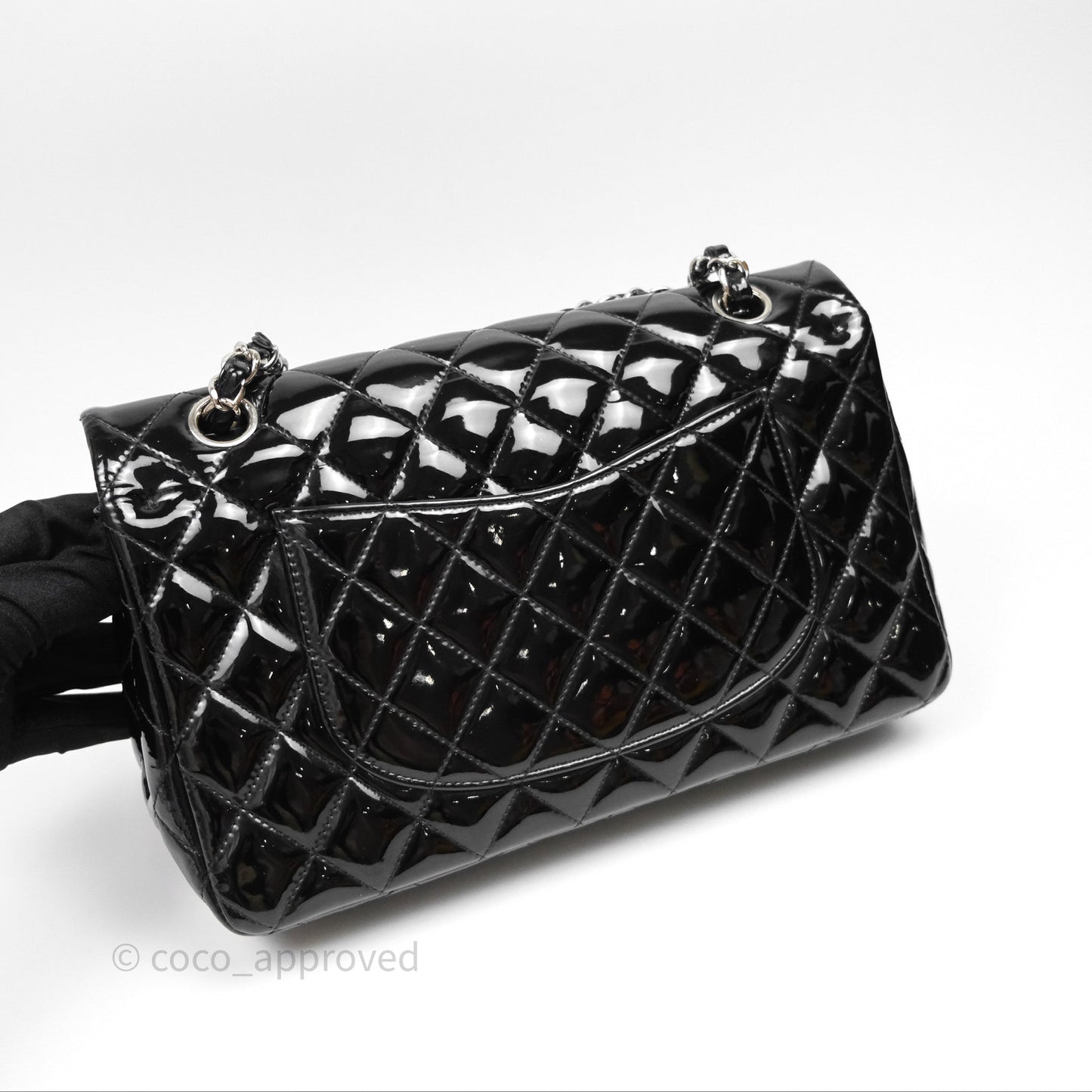 Chanel Classic M/L Medium Flap Quilted Black Patent Silver Hardware