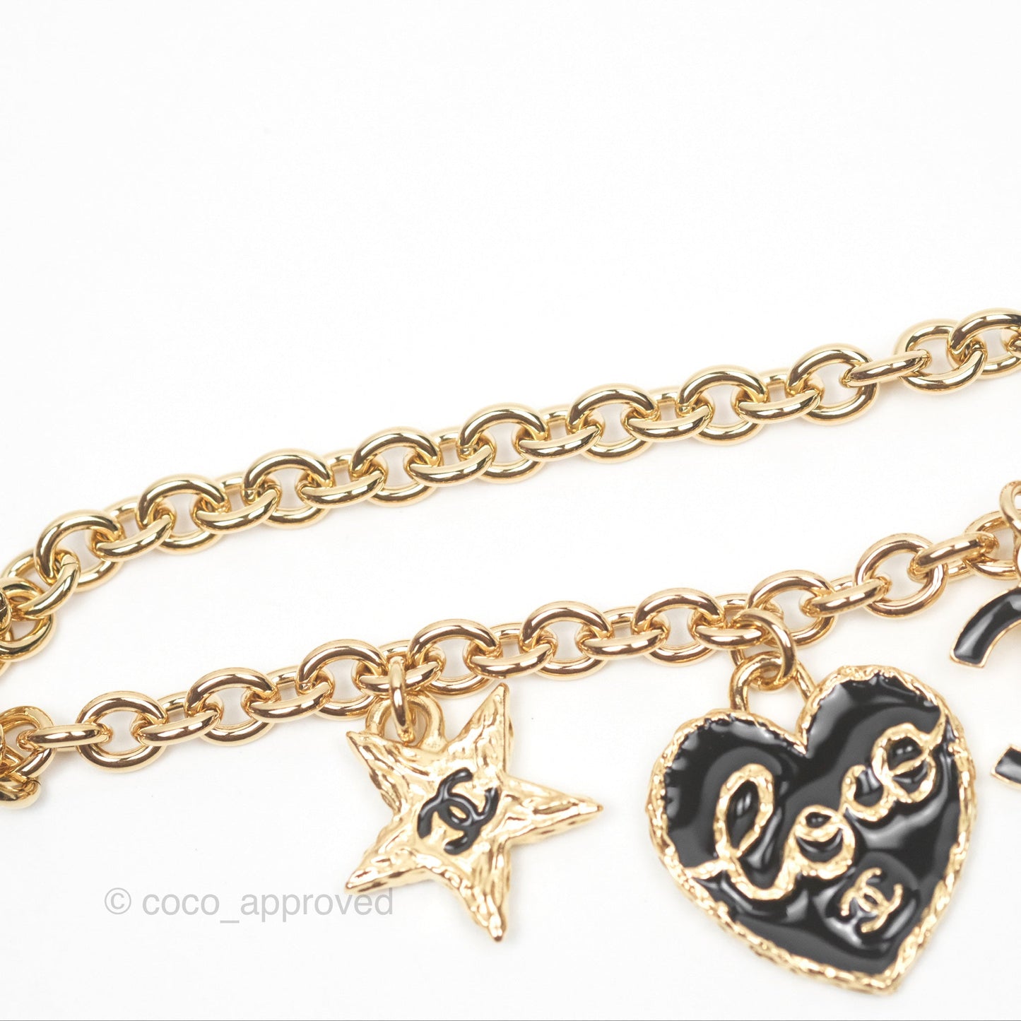 Chanel Black CC Heart Lucky Clover Chain Belt Gold Tone 24P