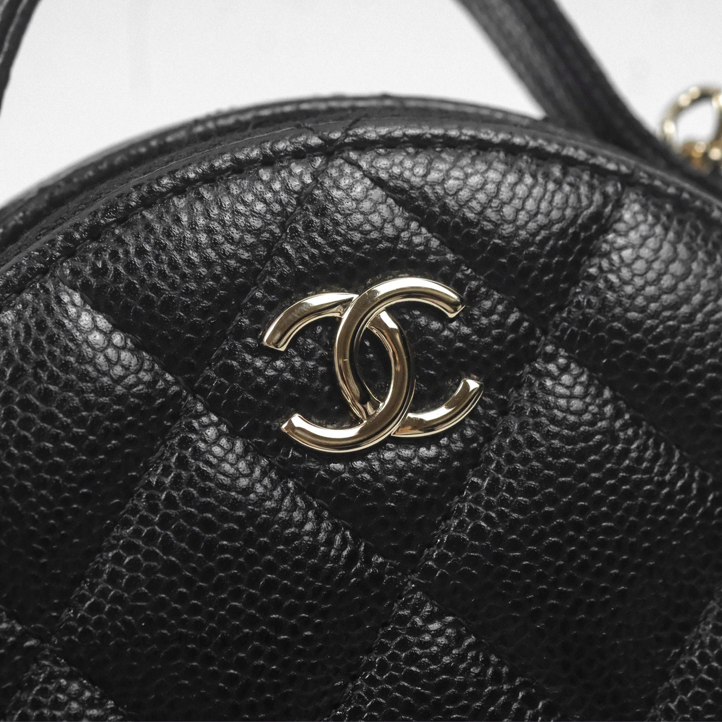 Chanel Mini Round Vanity Bag Handle With Care Black Caviar Gold Hardware