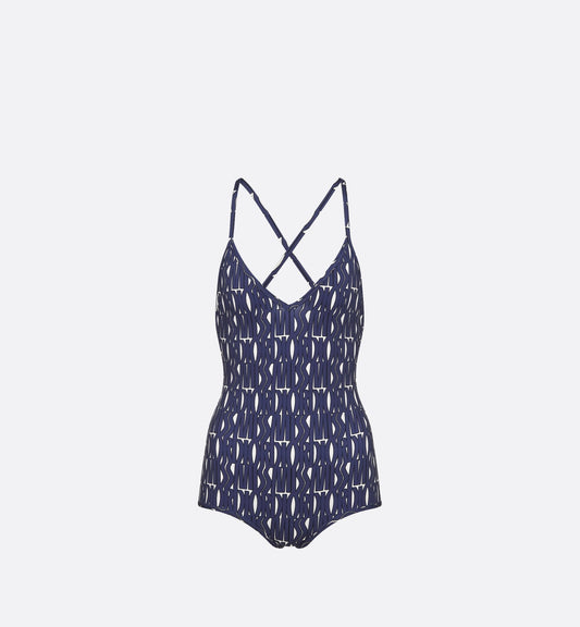 One Piece Swimsuit White Technical Fabric With Navy Blue Miss Luxury Dior Allover Motif