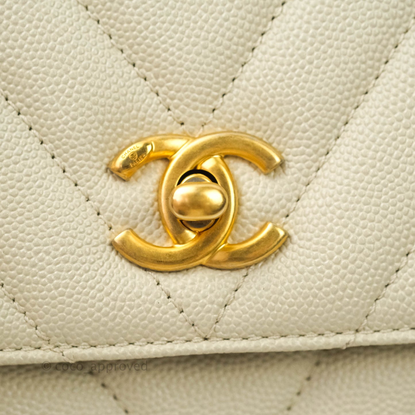 Chanel Mini Coco Handle Chevron Stone White Caviar Aged Gold Hardware