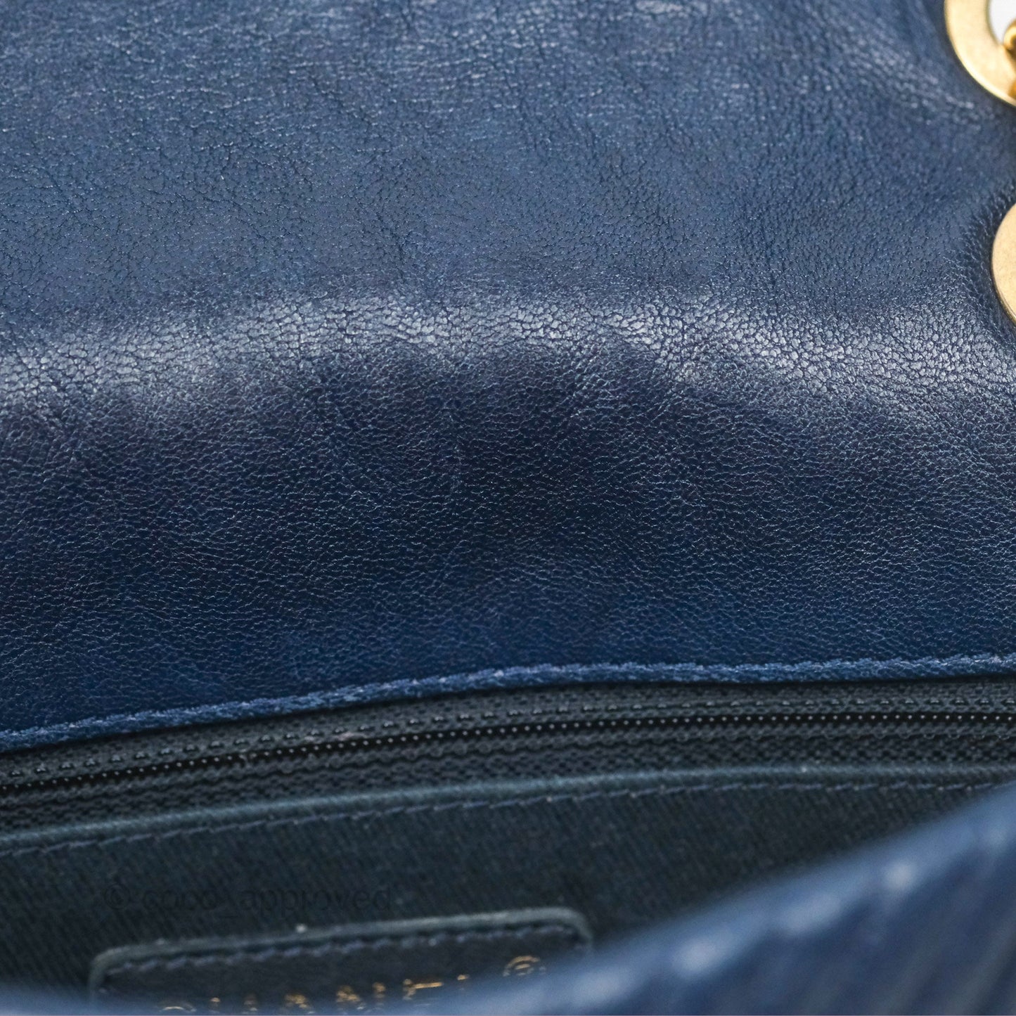 Chanel Small Chevron Surpique Flap Navy Calfskin Aged Gold Hardware