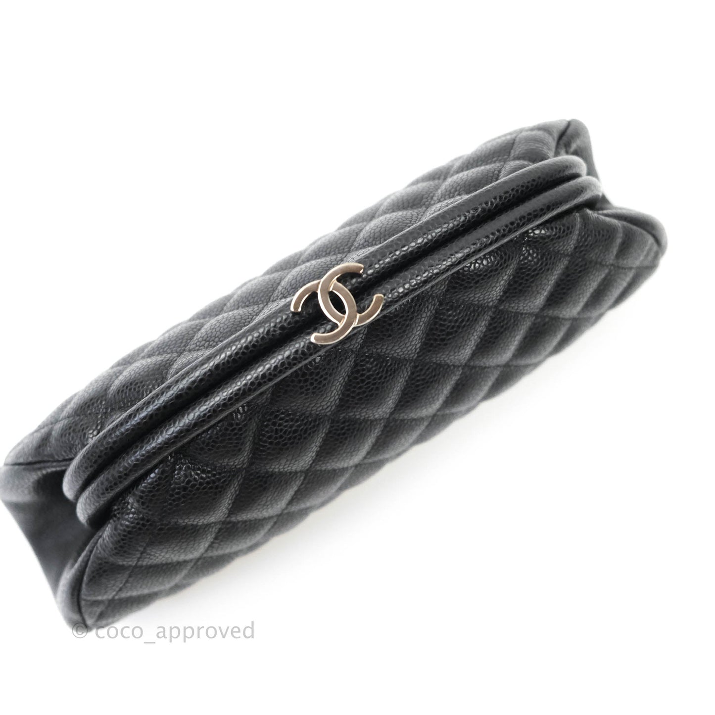 Chanel Quilted Timeless Kisslock Clutch Black Caviar Silver Hardware