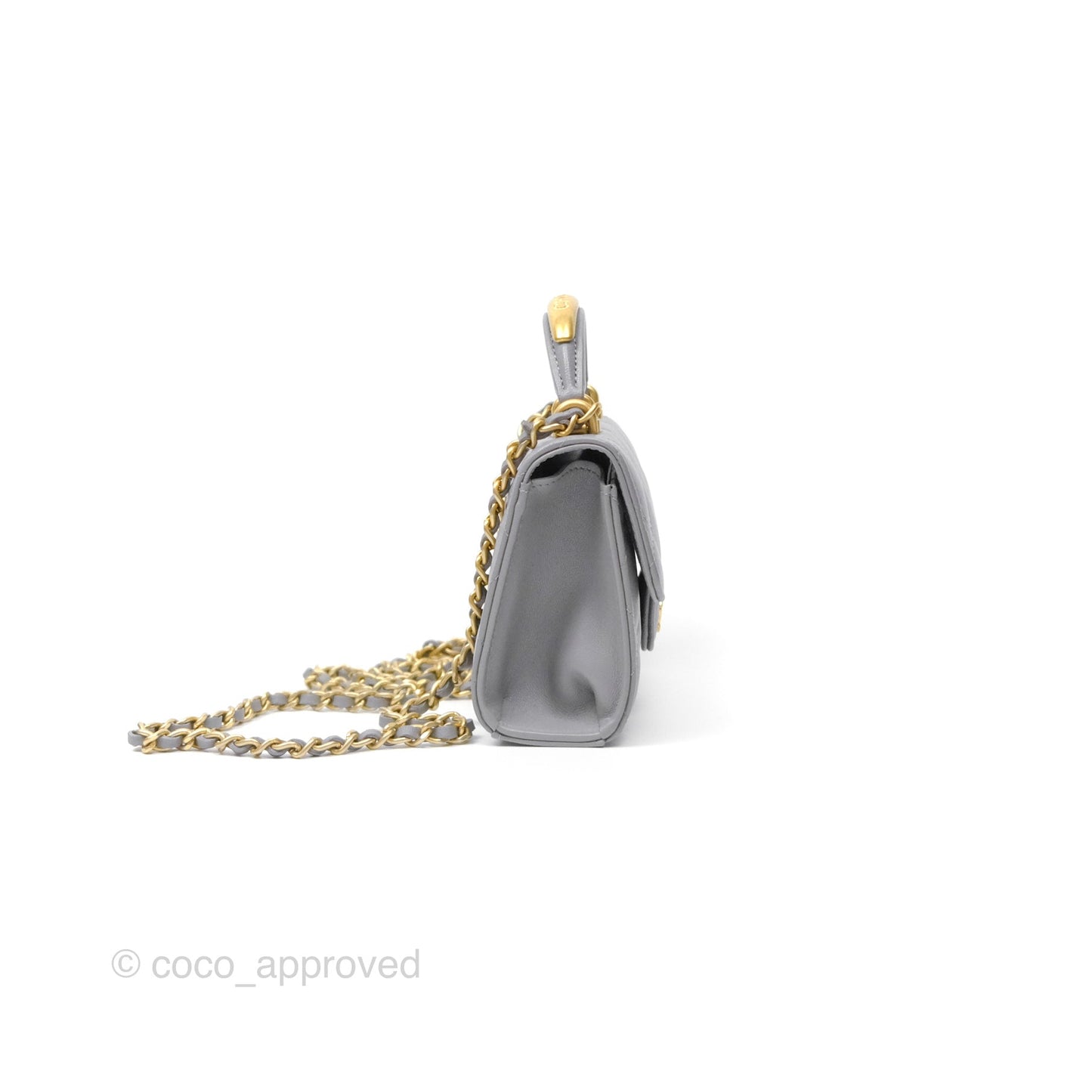 Chanel Mini Metal Handle Clutch With Chain Grey Lambskin Gold Hardware
