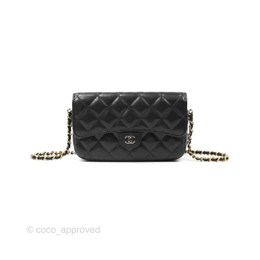 Chanel Classic Flap Phone Holder With Chain Black Caviar Gold Hardware 22A