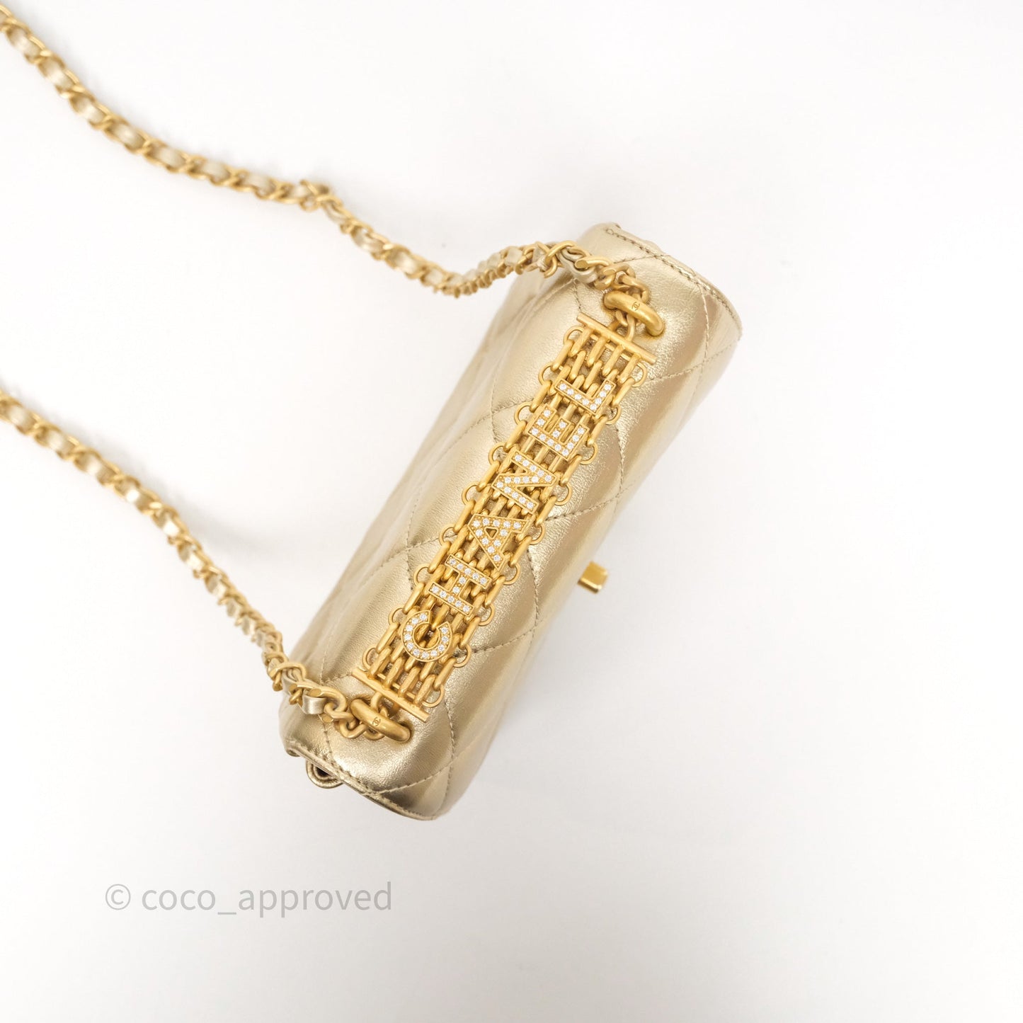 Chanel Mini Crystal Logo Handle Flap Bag Metallic Gold Lambskin 22S