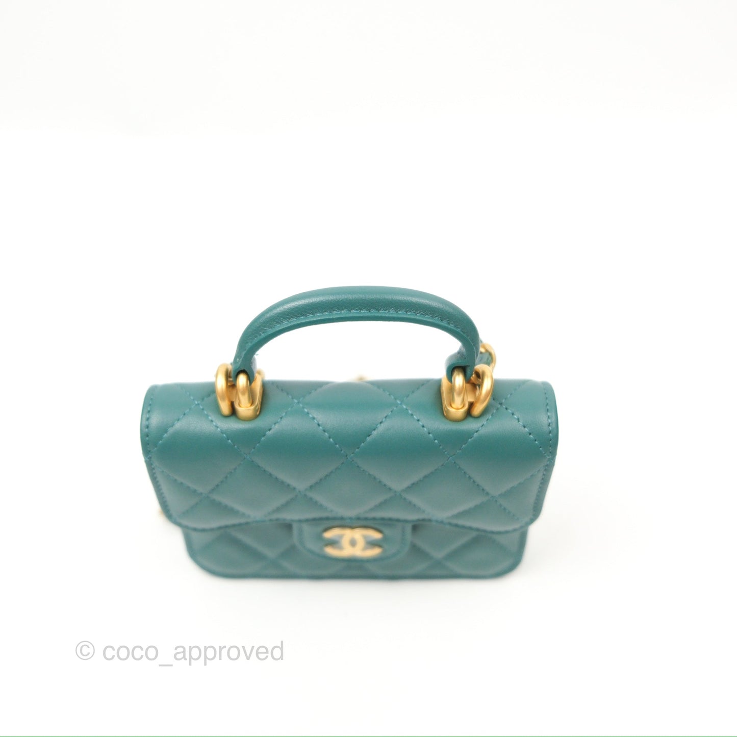 Chanel Mini Handle Flap Coin Purse With Chain Teal Green Lambskin Aged Gold Hardware