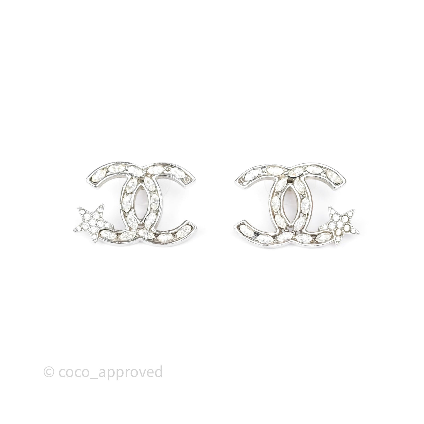 Chanel Crystal CC Star Earrings Silver Tone 20P