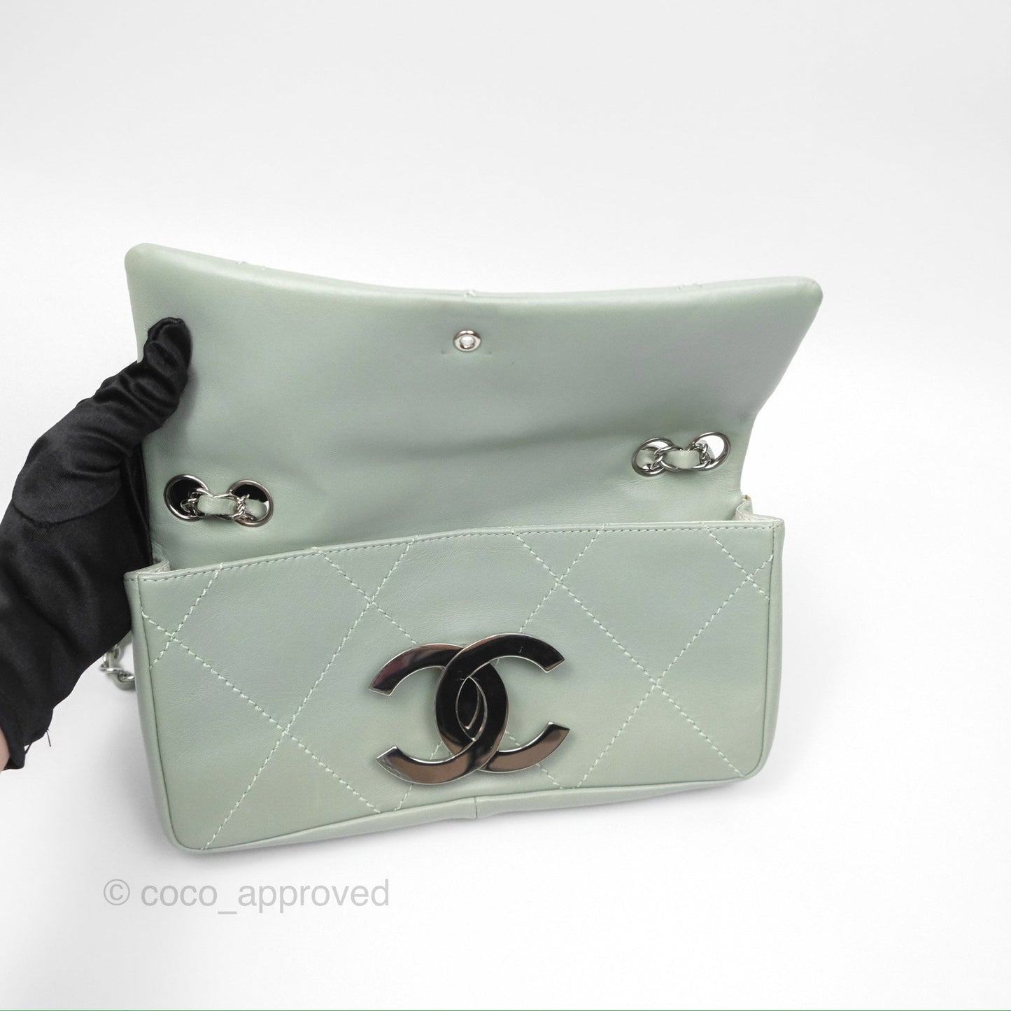 Chanel CC East West Flap Bag Lambskin Mint Green Silver Hardware