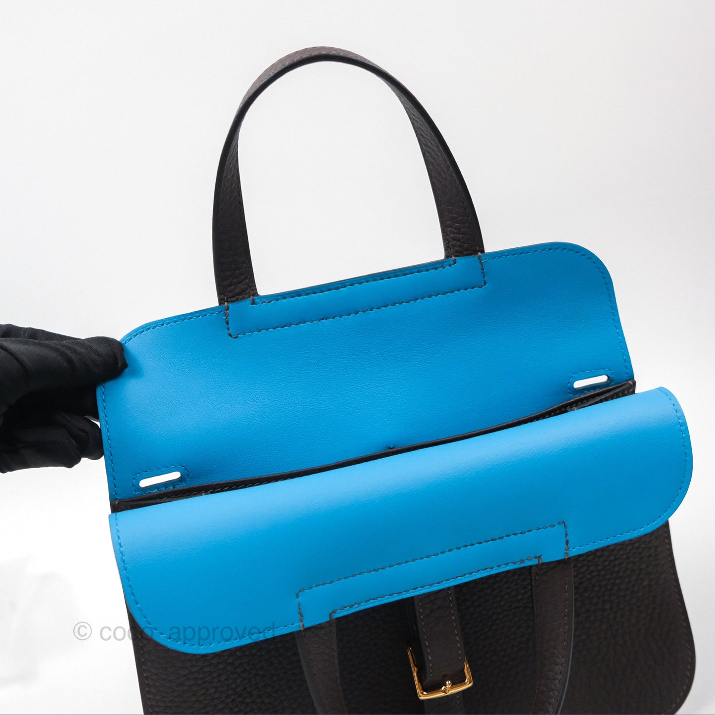 Hermès Halzan 25 Macassar 3S/ Bleu Zanzibar B3 Clemence Gold Hardware