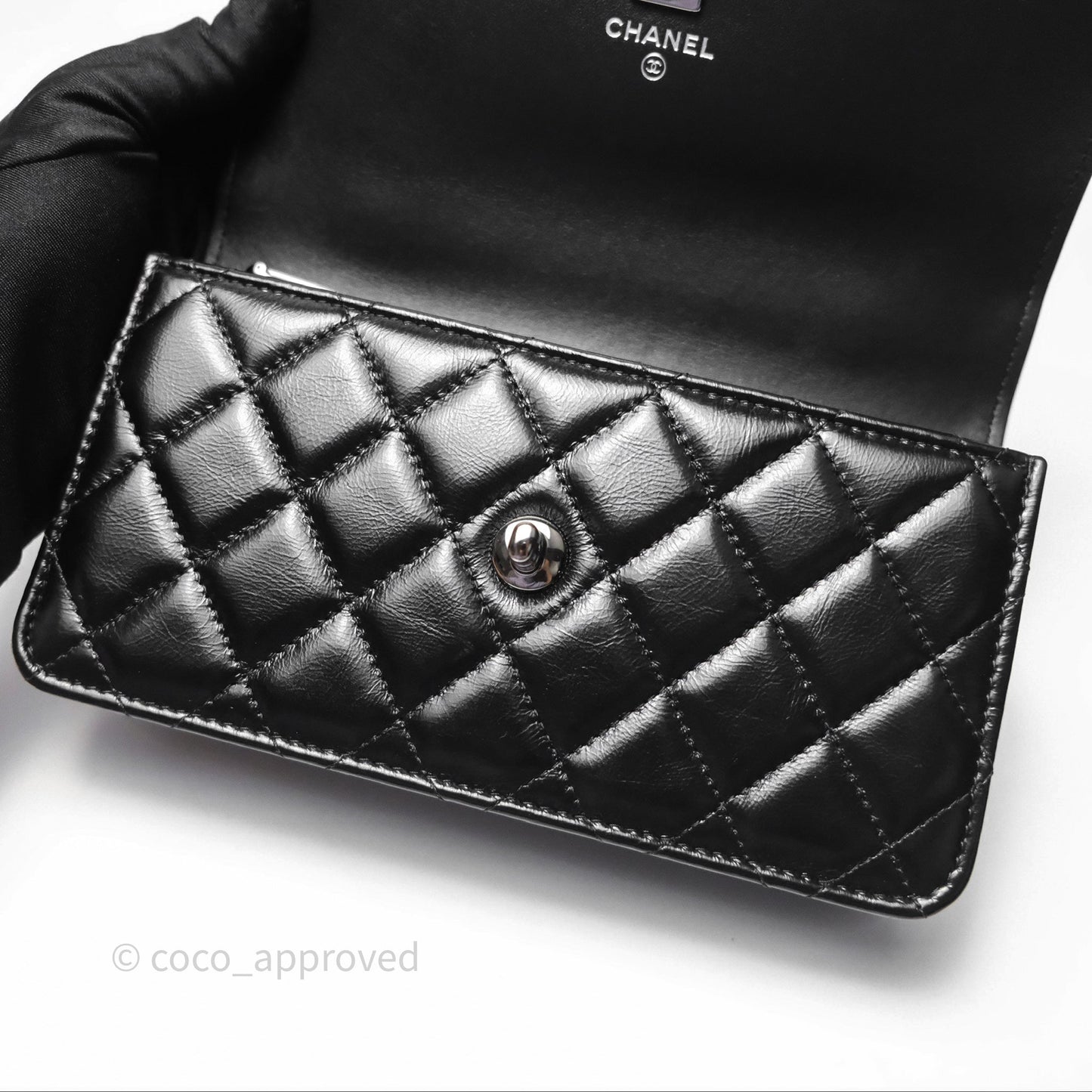 Chanel Mini Crystal Top Handle Wallet On Chain WOC Black Calfskin Gun Metal Hardware 23K