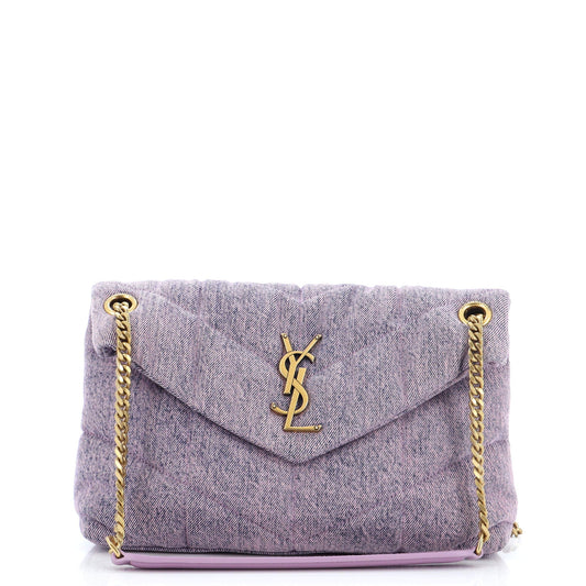 Luxury Saint Laurent Loulou Puffer Shoulder Bag Quilted Vintage Denim Small