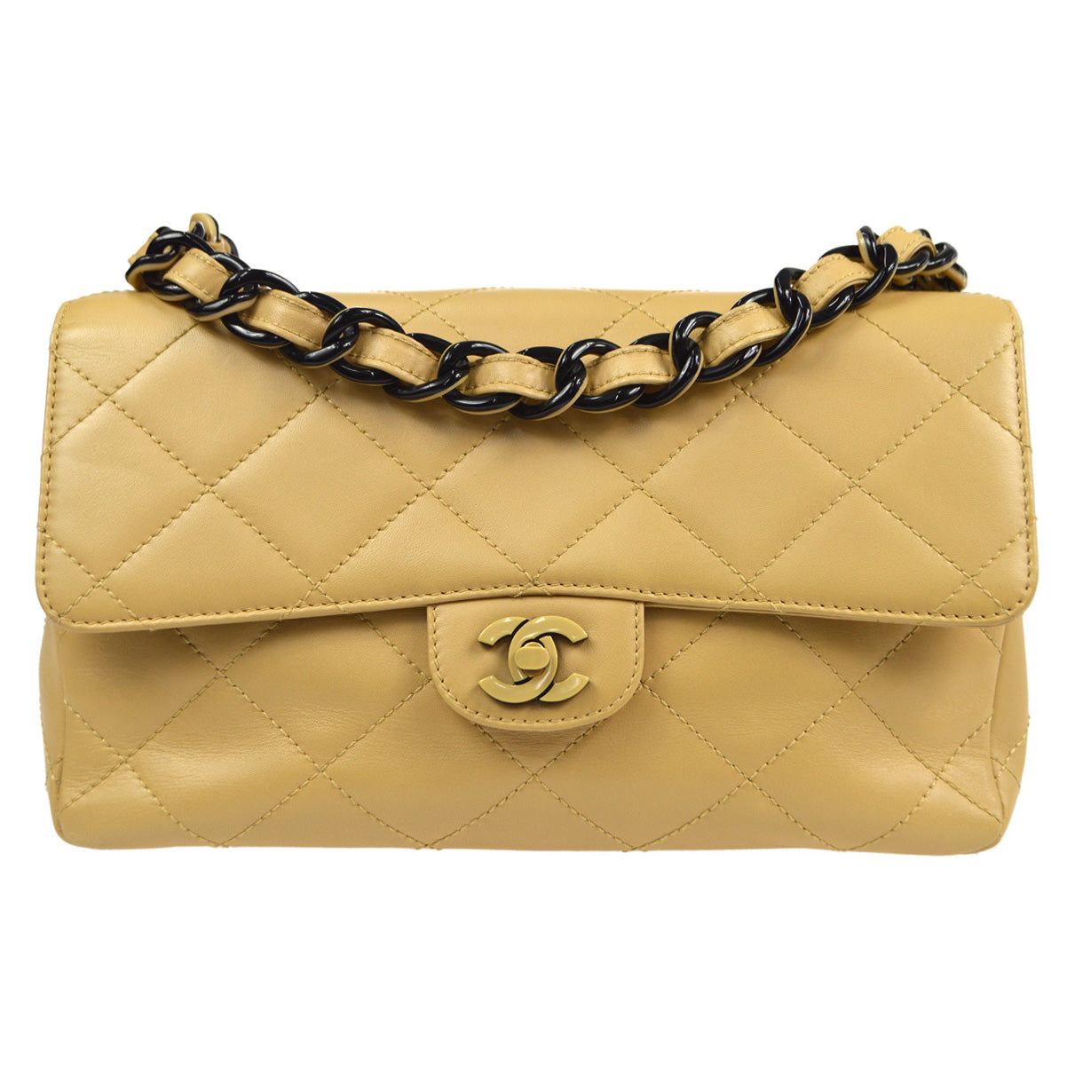 Luxury Chanel 2000-2001 Acrylic Chain Classic Single Flap Medium Beige Calfskin