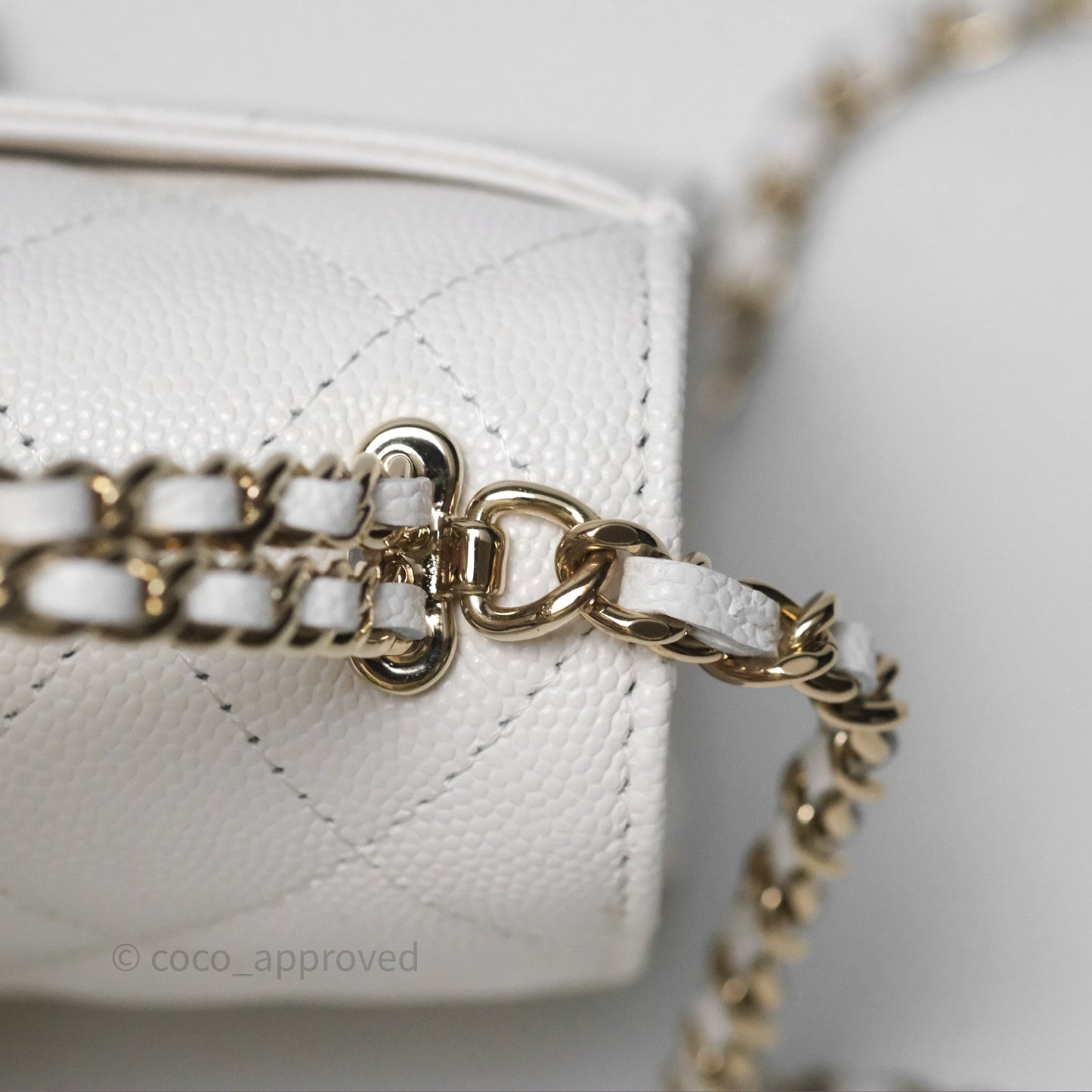 Chanel Small Top Handle Clutch with Chain White Caviar Light Gold Hardware 23P