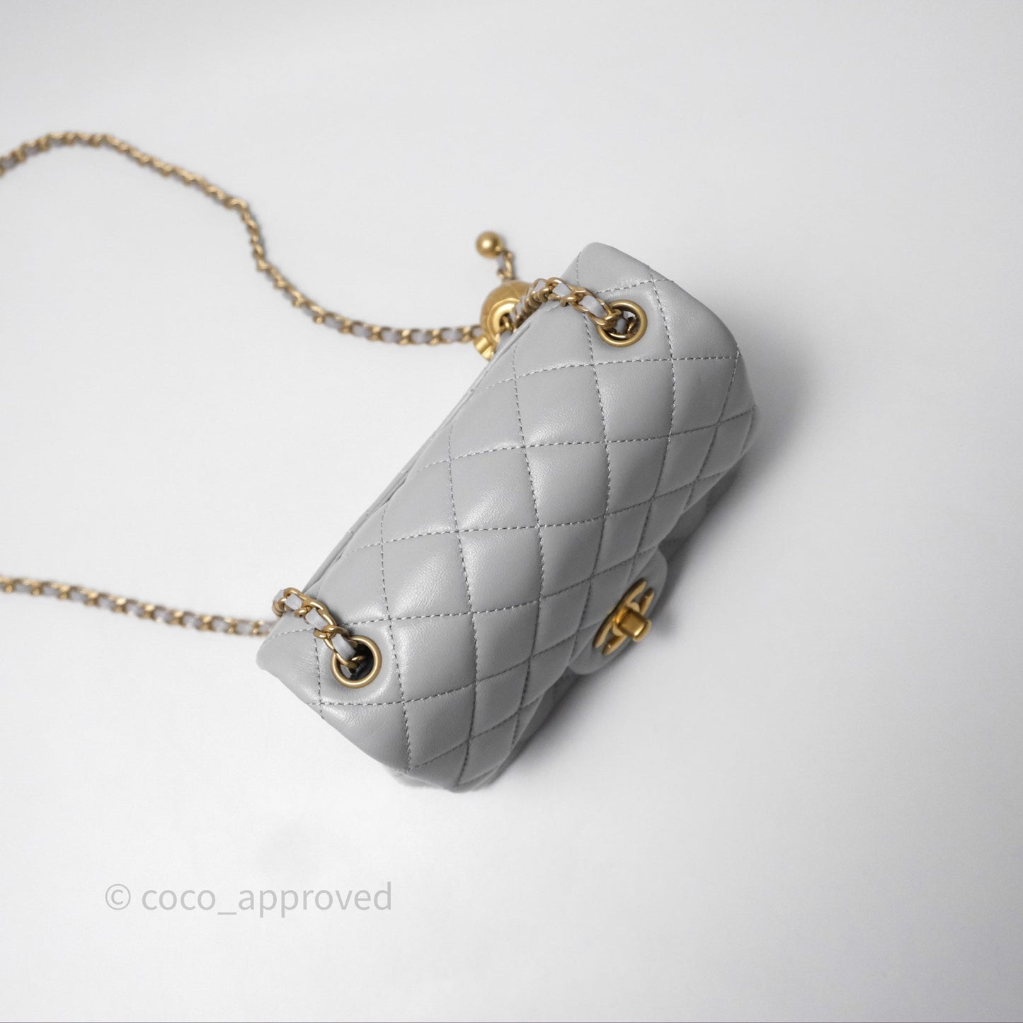 Chanel Mini Square Pearl Crush Quilted Grey Lambskin Aged Gold Hardware