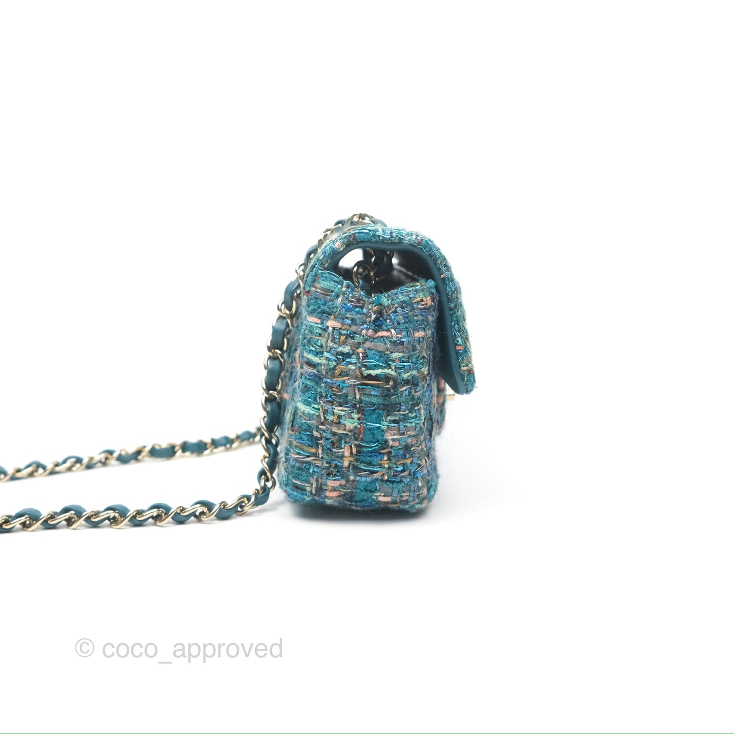 Chanel Mini Rectangular Flap Teal Tweed Gold Hardware