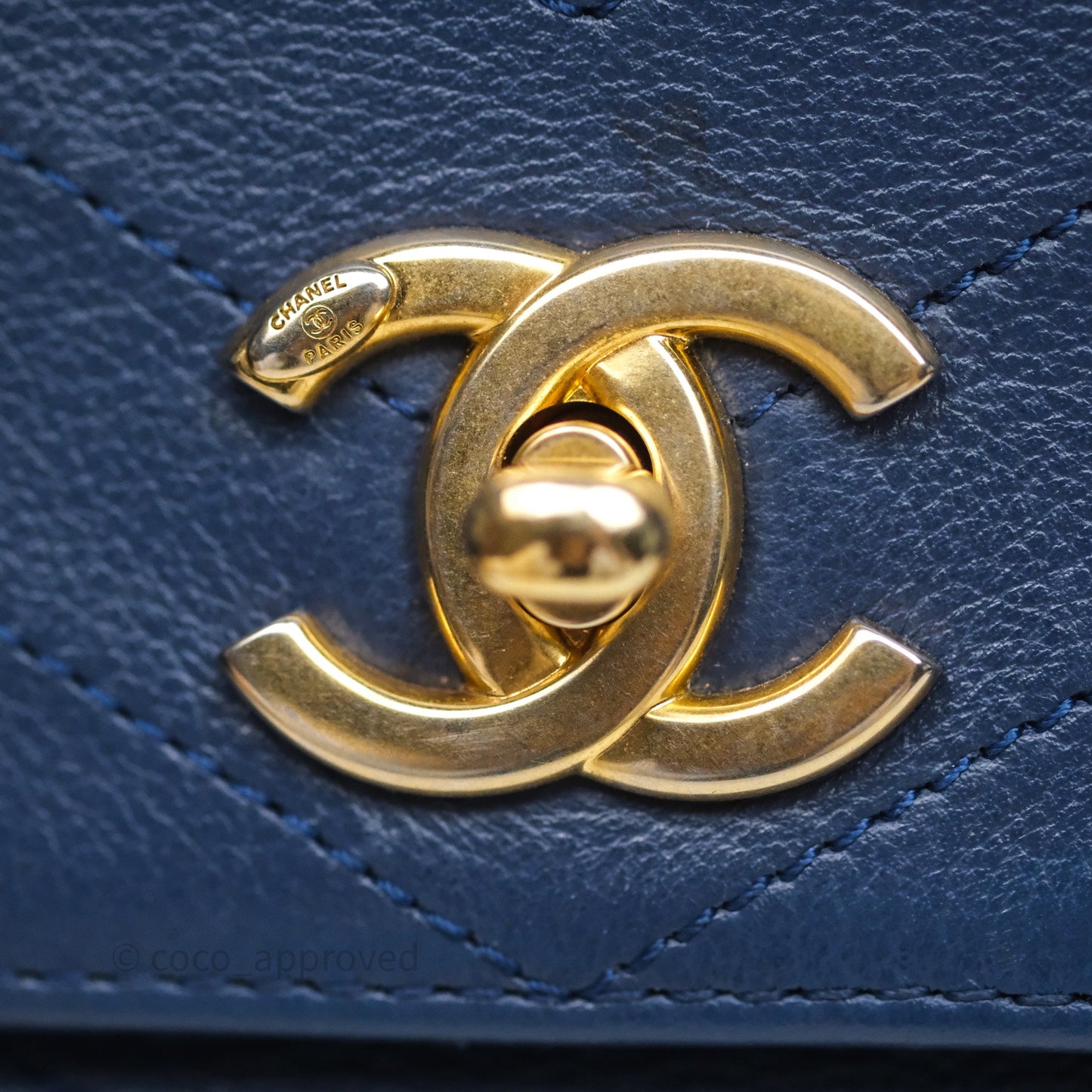 Chanel Small Chevron Python Chic Top Handle Flap Blue Calfskin Gold Hardware