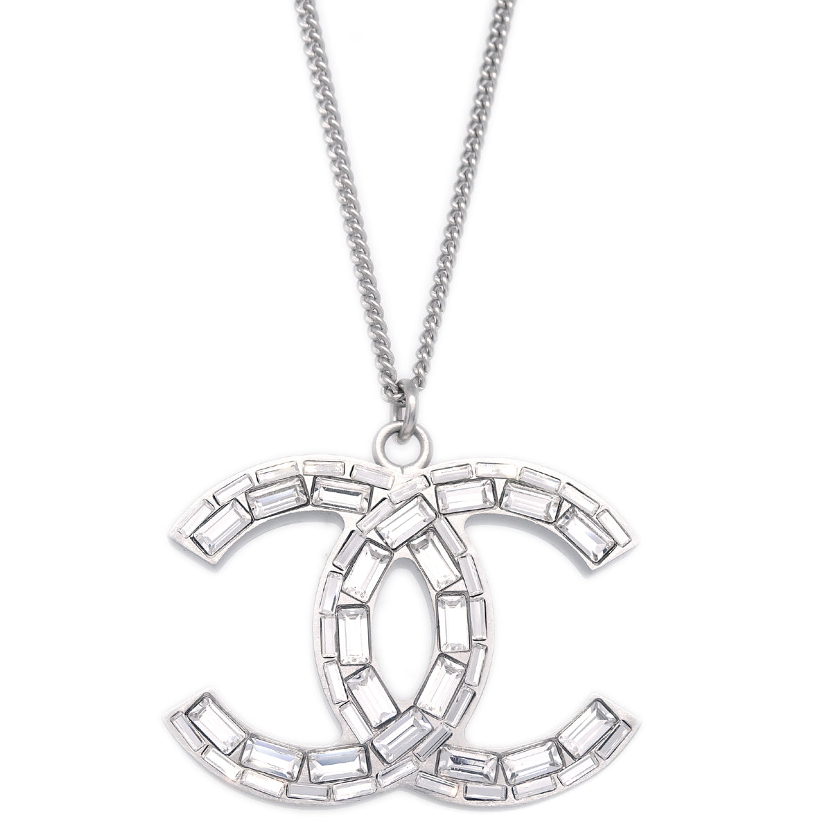 Luxury Chanel Silver Necklace Pendant Rhinestone B11P