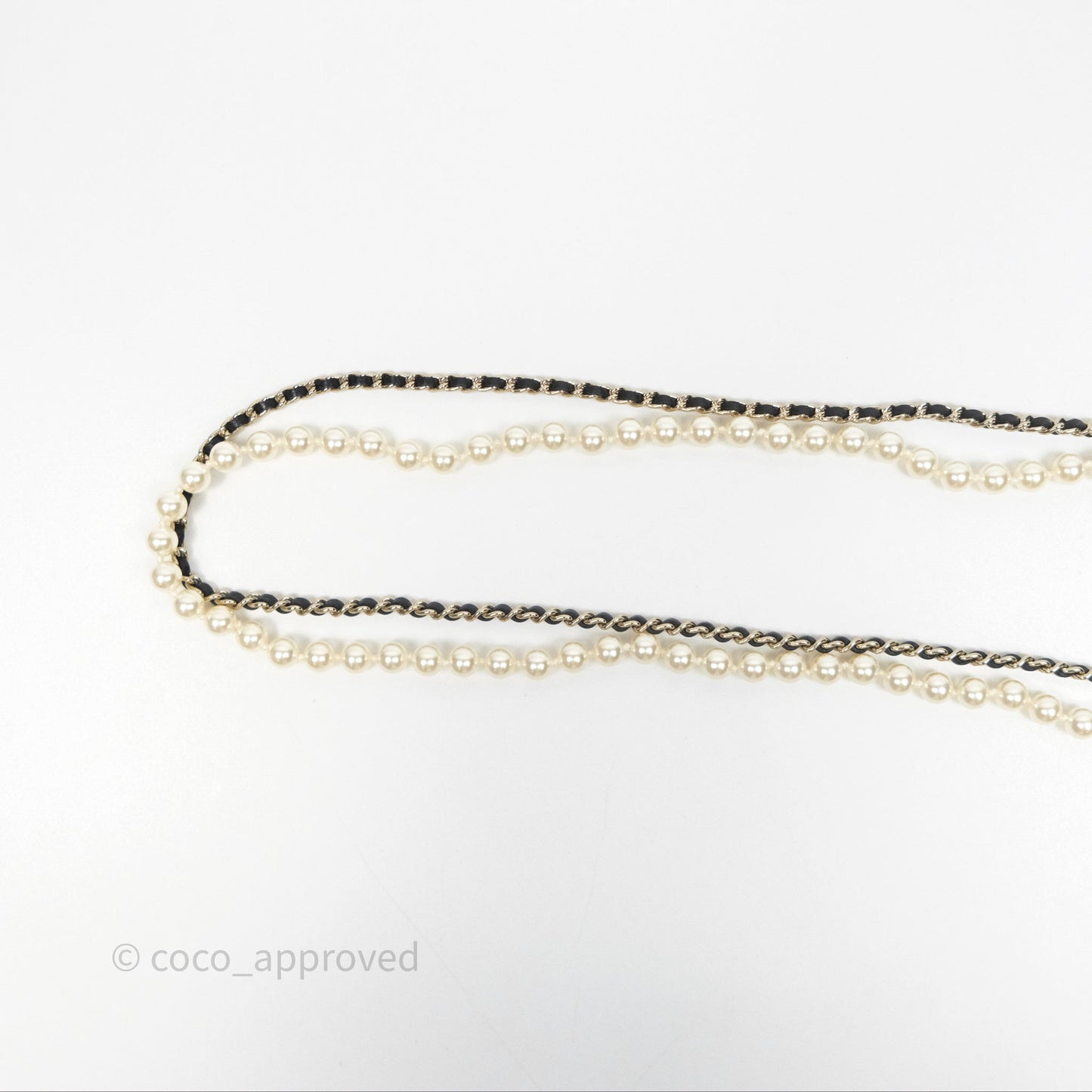 Chanel Flap Bag Charm Pearl Chain Black Leather Long Necklace Gold Tone 21S