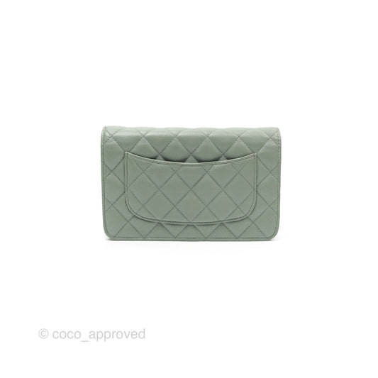 Chanel Classic Quilted Wallet On Chain WOC Glitter Dark Tiffany Green Caviar Aged Gold Hardware