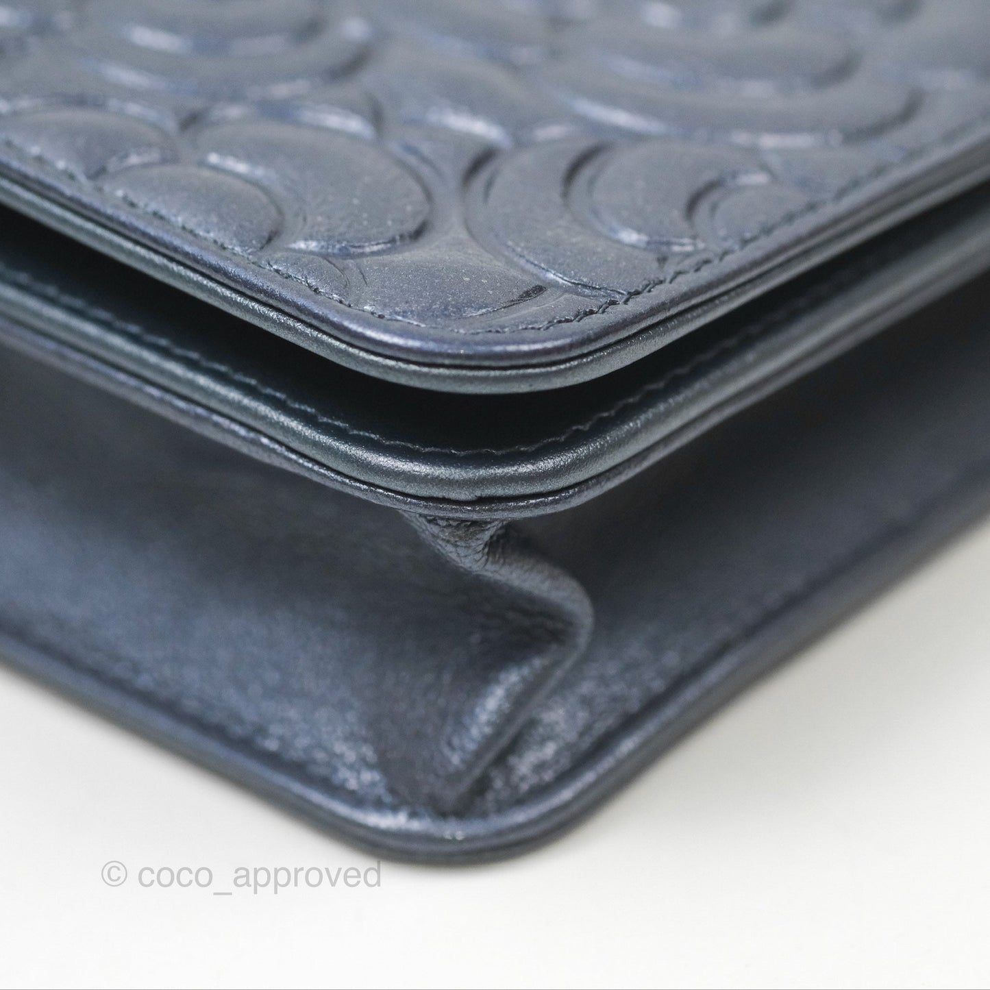 Chanel Camellia Wallet on Chain WOC Iridescent Navy Calfskin Silver Hardware