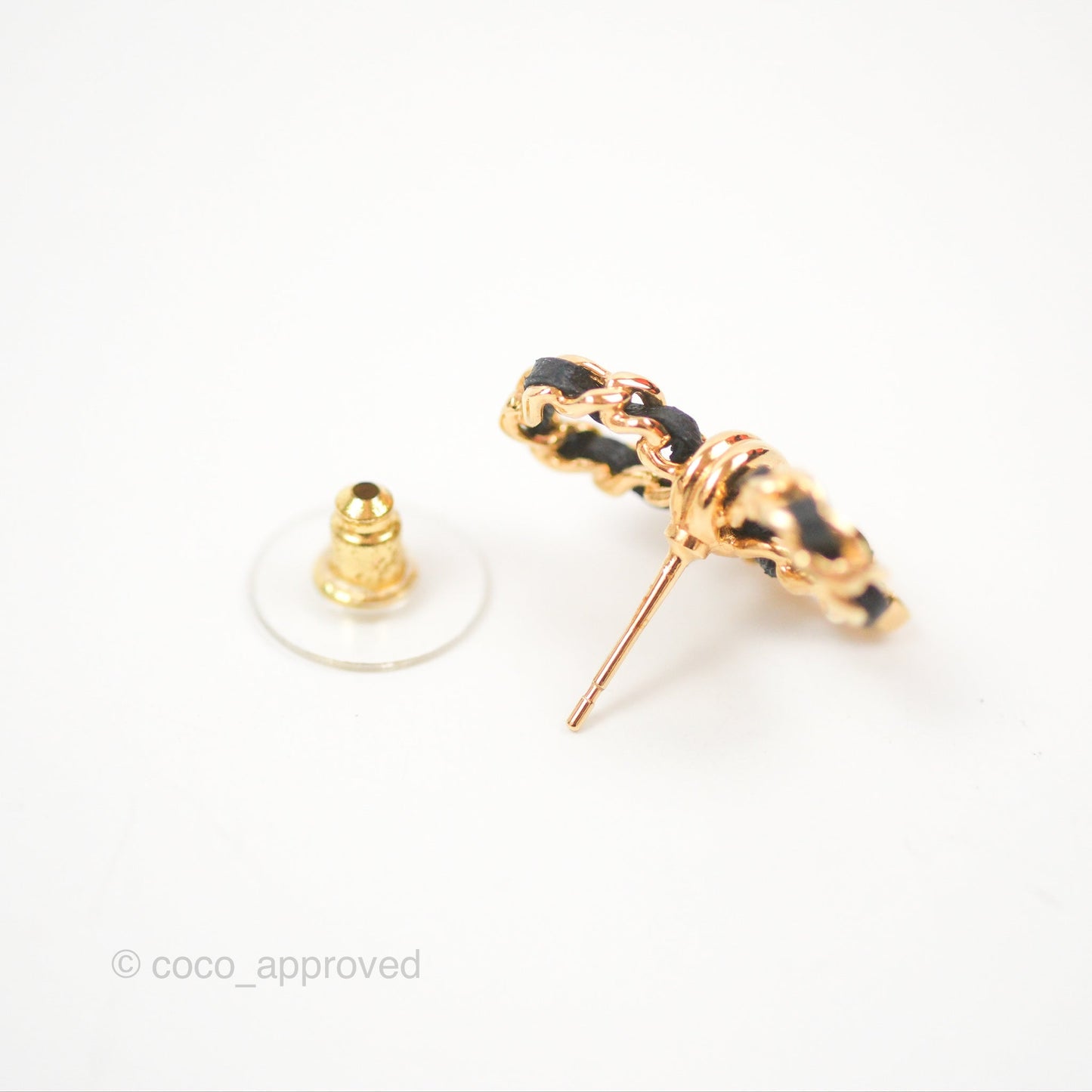 Chanel Woven Ribbon Bow Black Earrings Gold Tone 23V