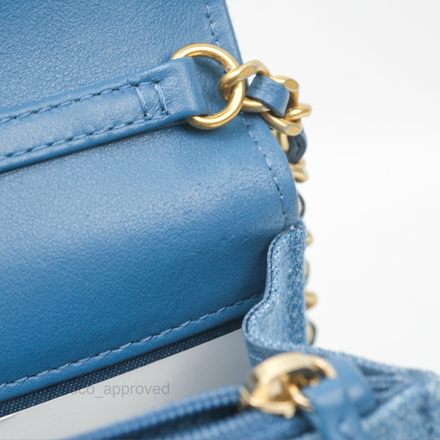Chanel Quilted Pearl Crush Wallet on Chain WOC Denim Aged Gold Hardware