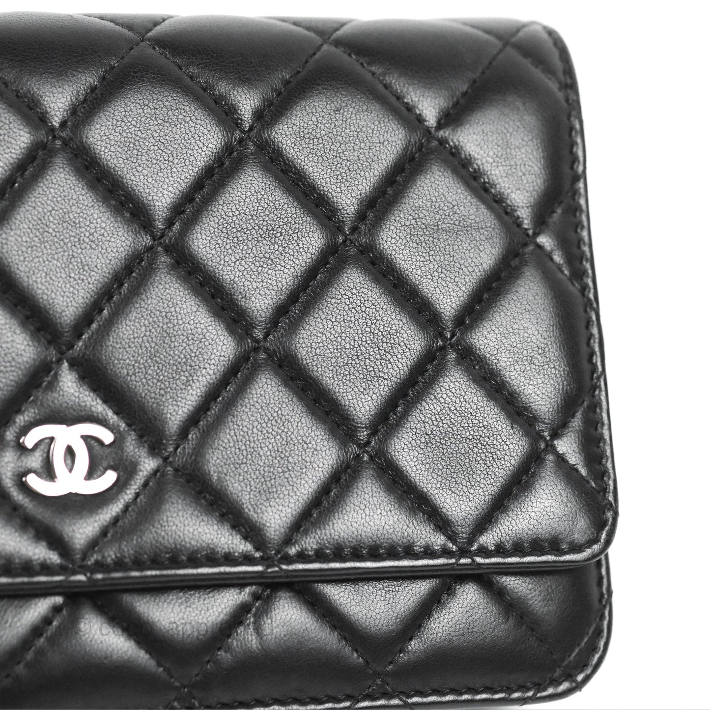 Chanel Quilted Classic Wallet On Chain WOC Black Lambskin Silver Hardware