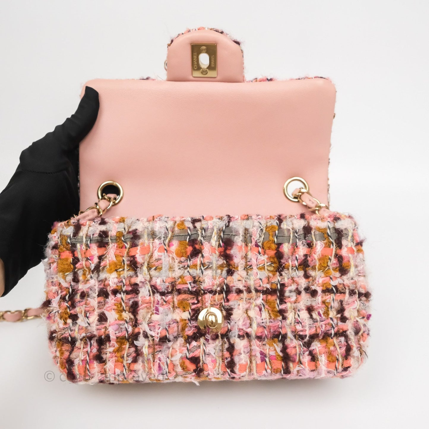 Chanel Mini Rectangular Pink Burgundy Tweed Gold Hardware 23K