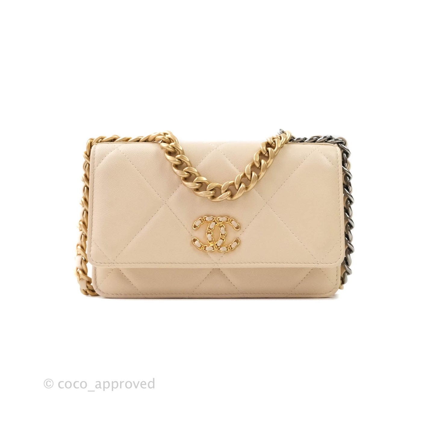 Chanel 19 Quilted Wallet on Chain WOC Beige Goatskin Mixed Hardware