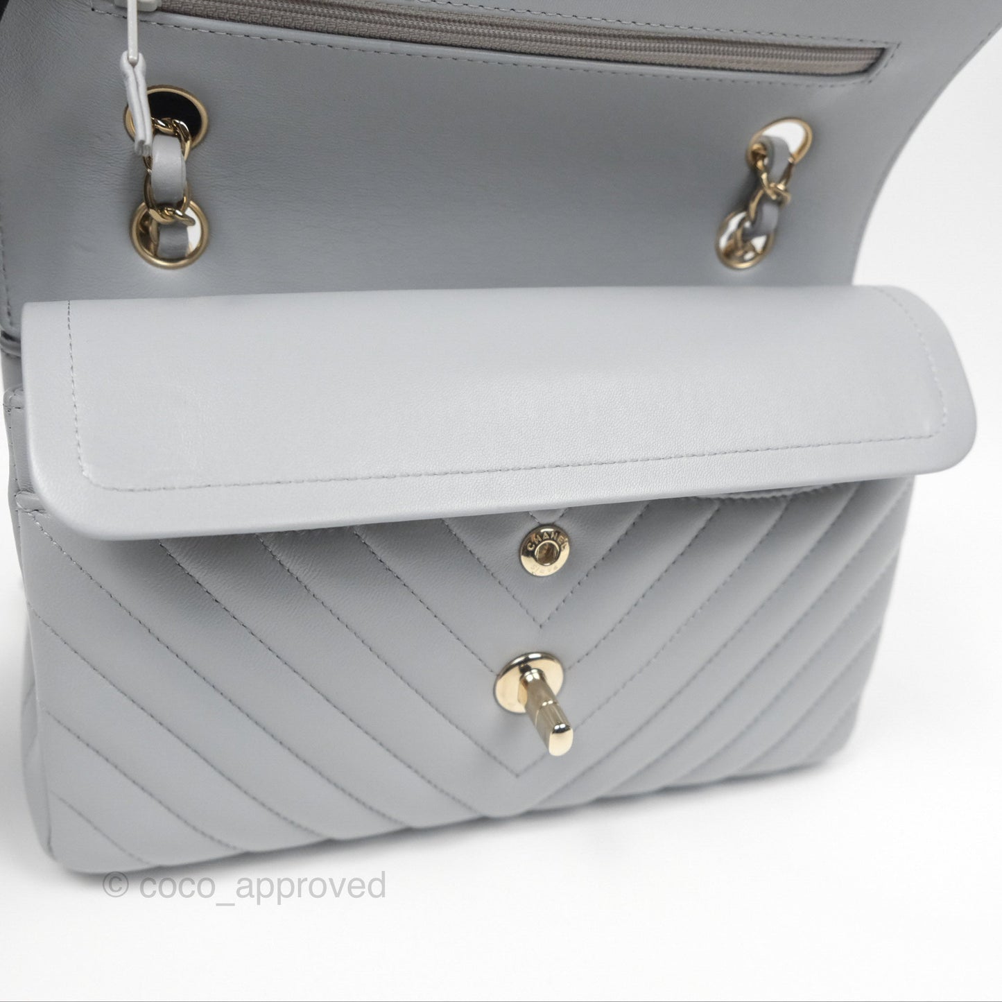Chanel Small Classic Chevron Flap Grey Lambskin Gold Hardware