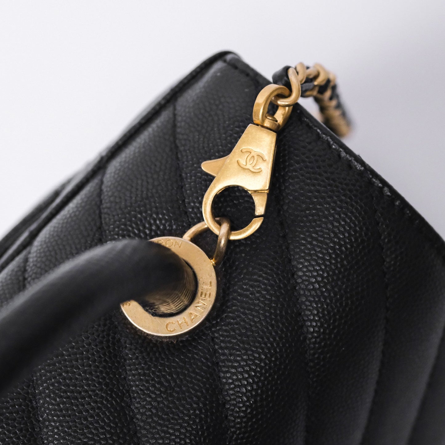 Chanel Small Coco Handle Chevron Black Caviar Aged Gold Hardware Lizard Handle