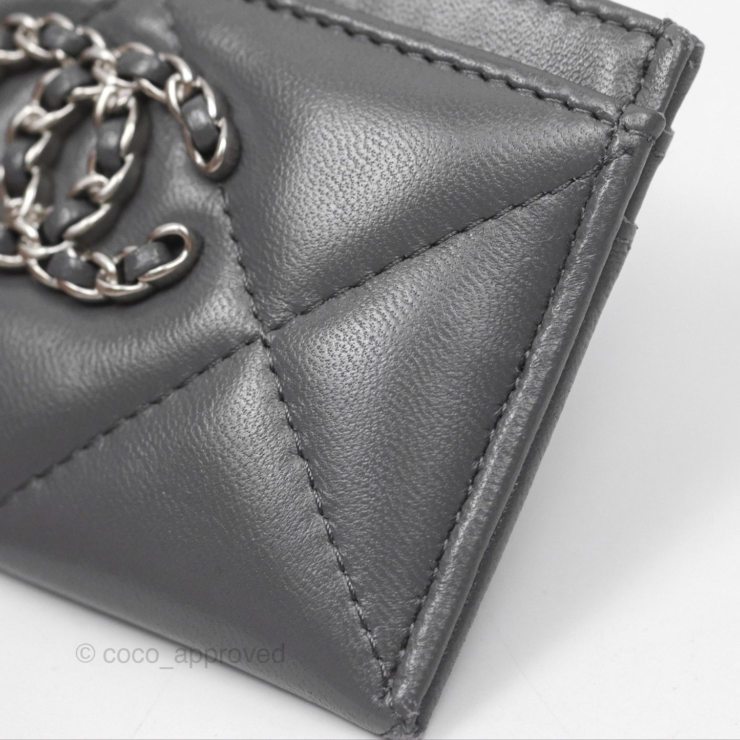 Chanel 19 Quilted Grey Flat Card Holder Silver Hardware