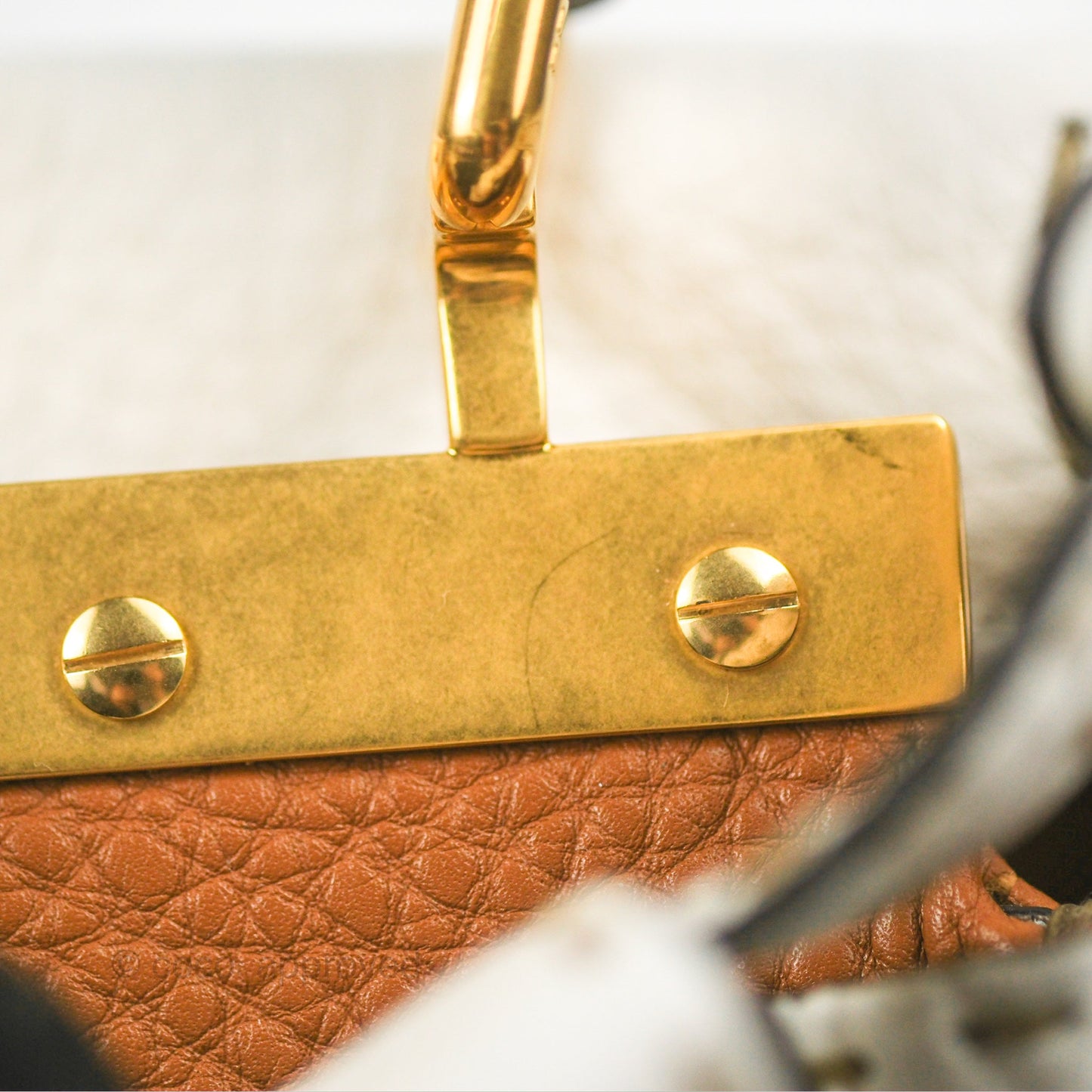 Fendi Mini Peekaboo Bag Contrast Stitch Off White/Navy Grained Leather Gold Hardware