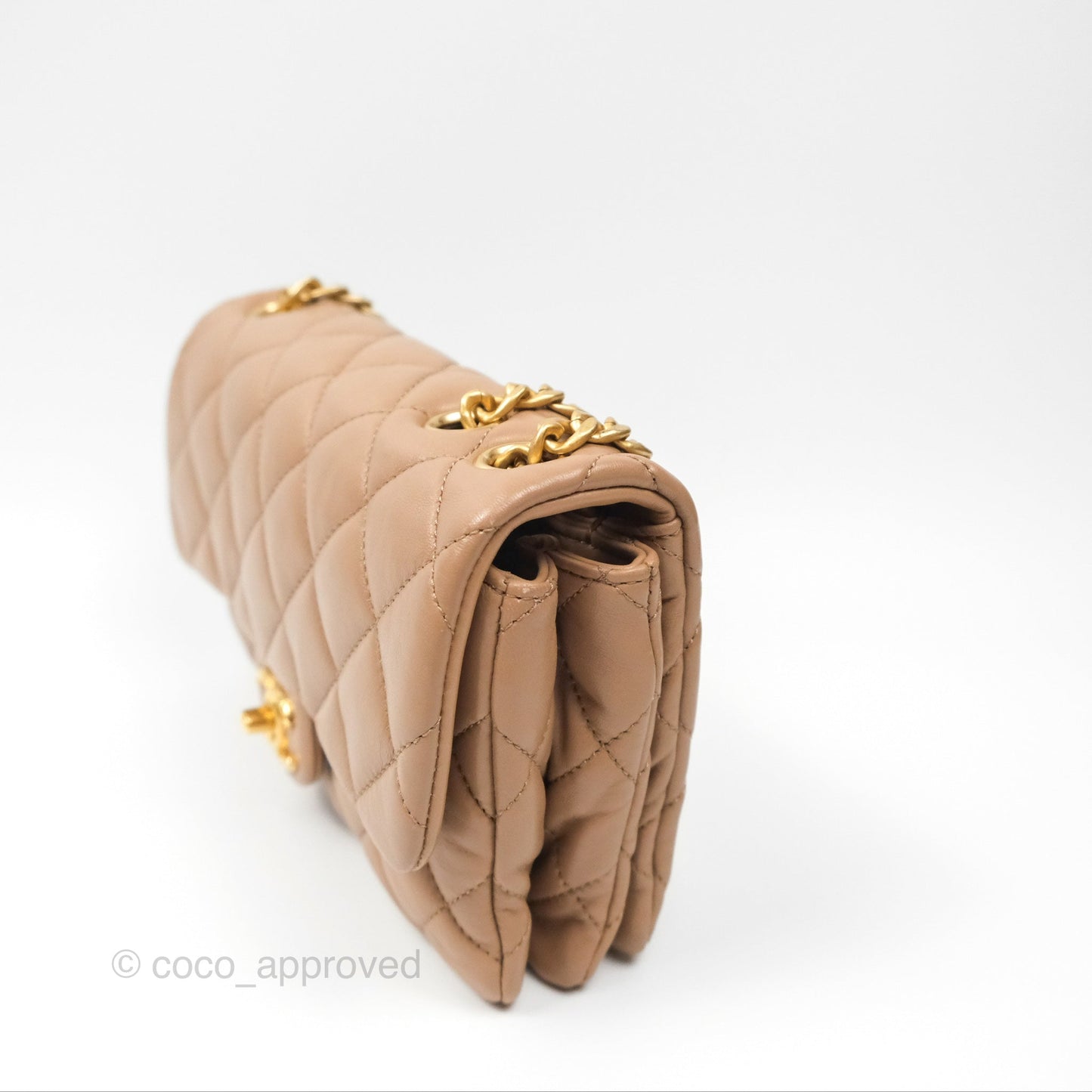 Chanel Small All Slide Adjustable Chain Flap Bag Beige Lambskin Aged Gold Hardware