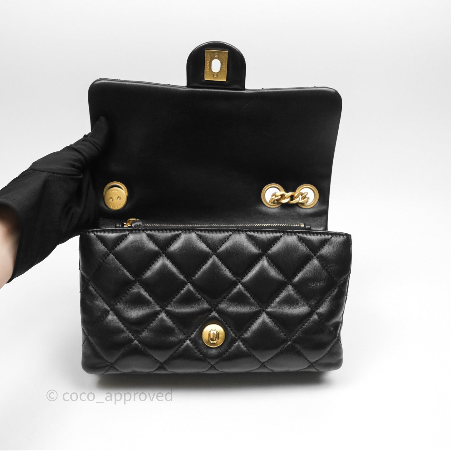 Chanel Small All Slide Adjustable Chain Flap Bag Black Lambskin Aged Gold Hardware 22K