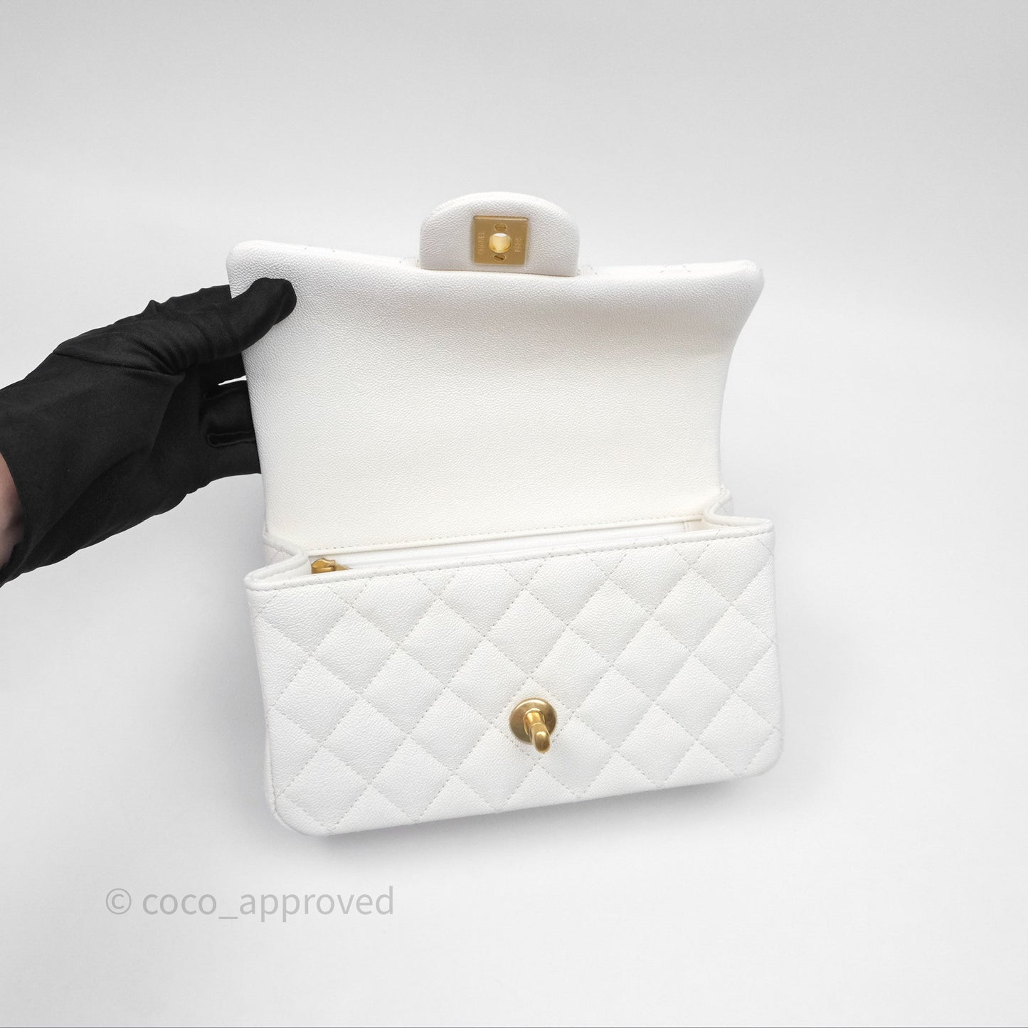 Chanel Top Handle Mini Rectangular Flap Bag Ivory White Caviar Aged Gold Hardware