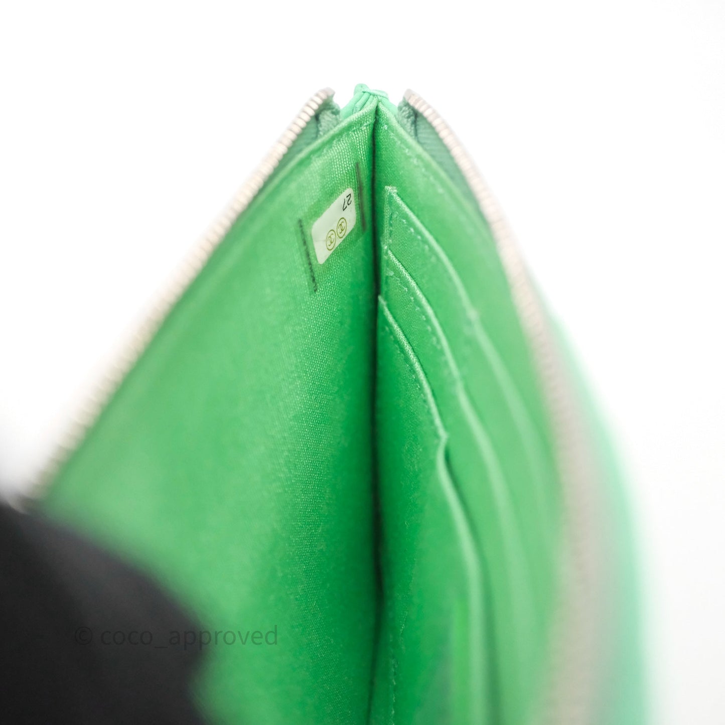 Chanel Long Zip Chevron Green Wallet Silver Hardware