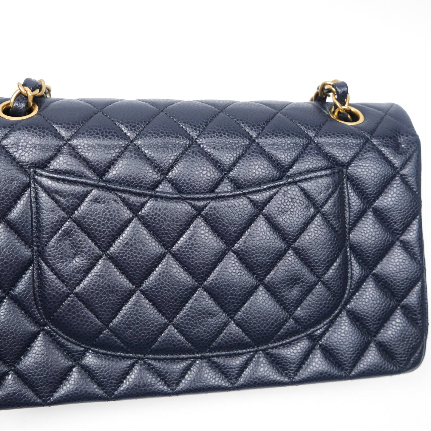 Chanel Classic M/L Medium Flap Quilted French Navy Caviar Aged Gold Hardware