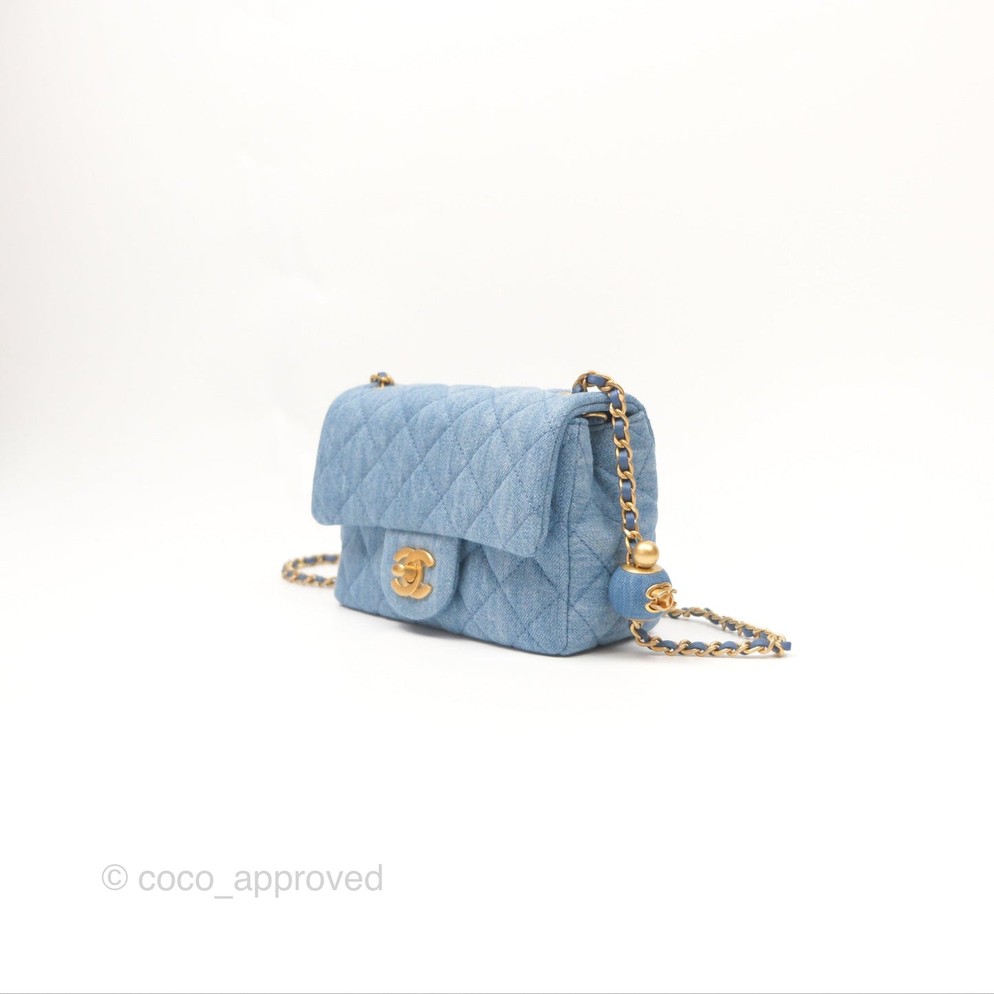 Chanel Mini Square Pearl Crush Quilted Denim Aged Gold Hardware