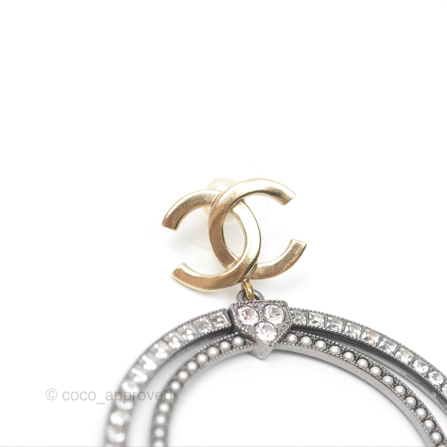Chanel CC Circles Crystal Drop Earrings Brushed Gold Tone & Gun Metal 20P
