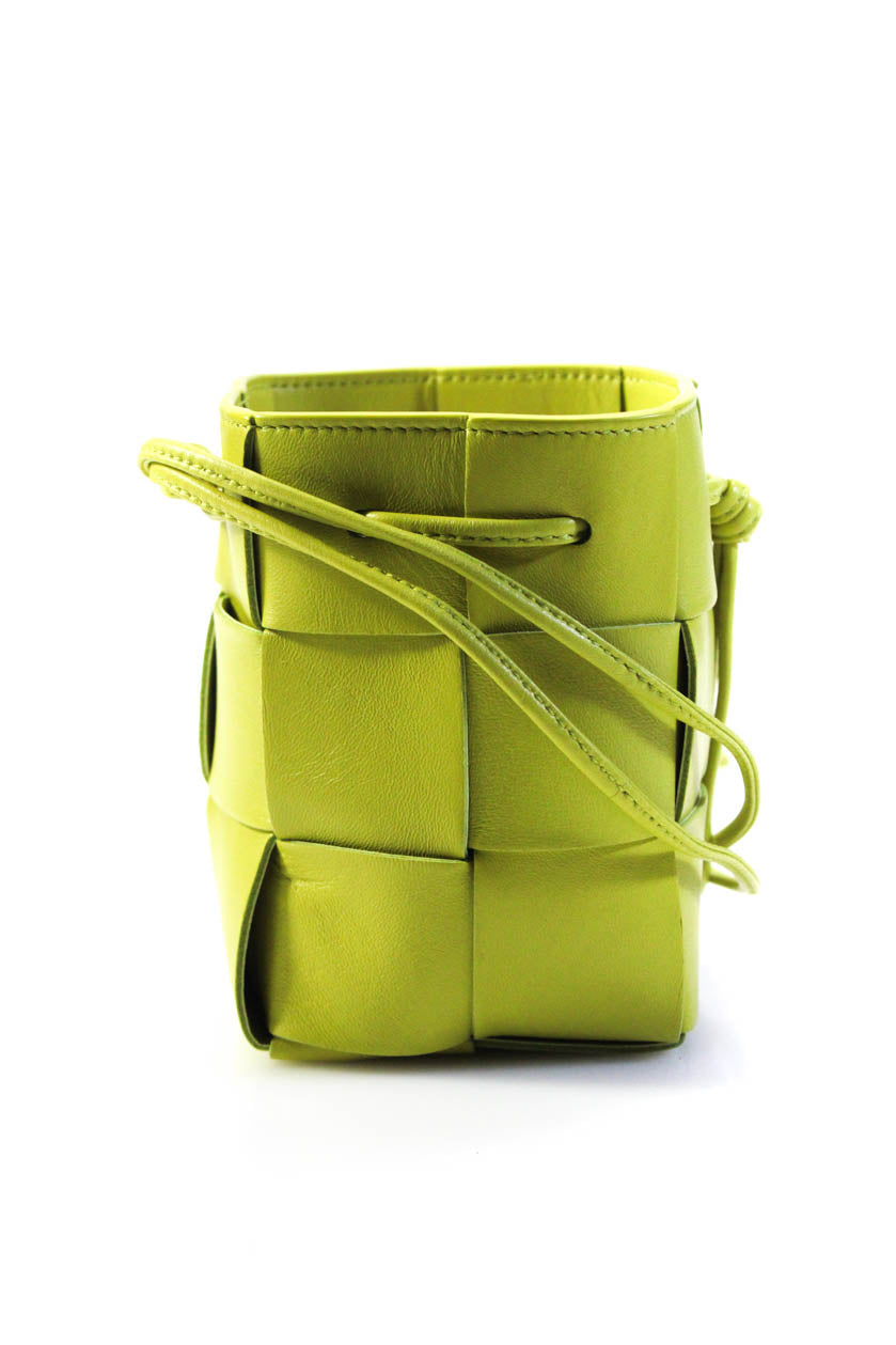 Luxury Bottega Veneta Womens Intrecciato Leather Mini Cassette Bucket Handbag Green