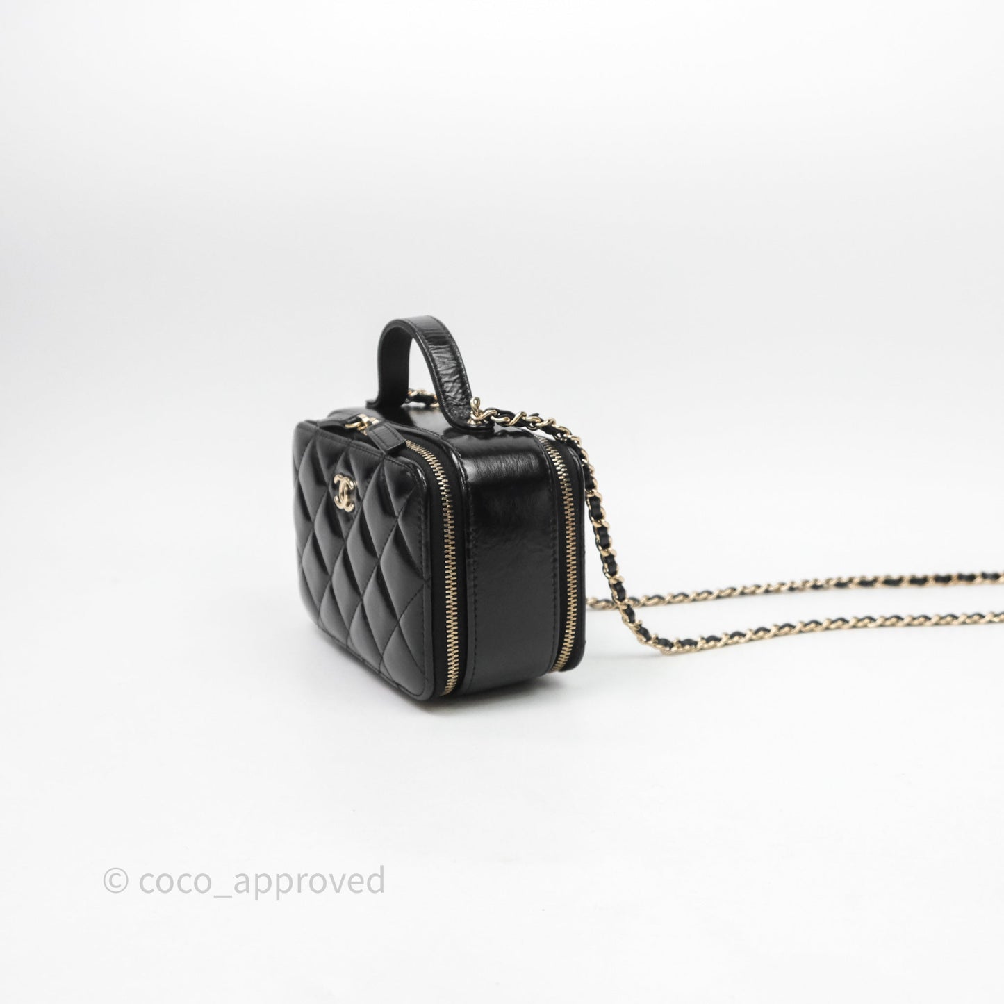 Chanel Small Top Handle Vanity Case Black Shiny Crumpled Calfskin Gold Hardware