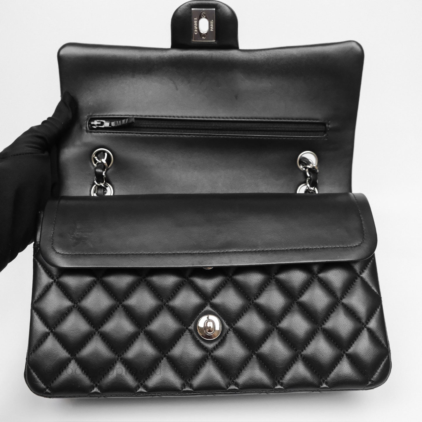Chanel Classic M/L Medium Flap Quilted Black Lambskin Silver Hardware
