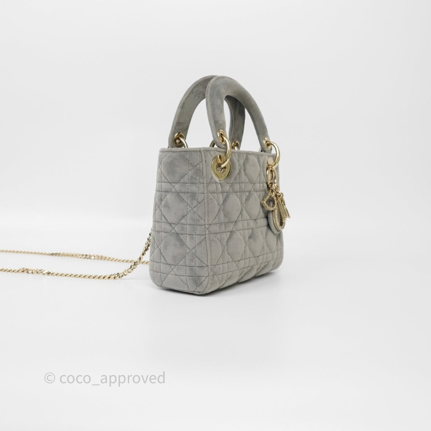 Dior Mini Lady Dior Grey Velvet Cannage Crystal Charms Gold Hardware