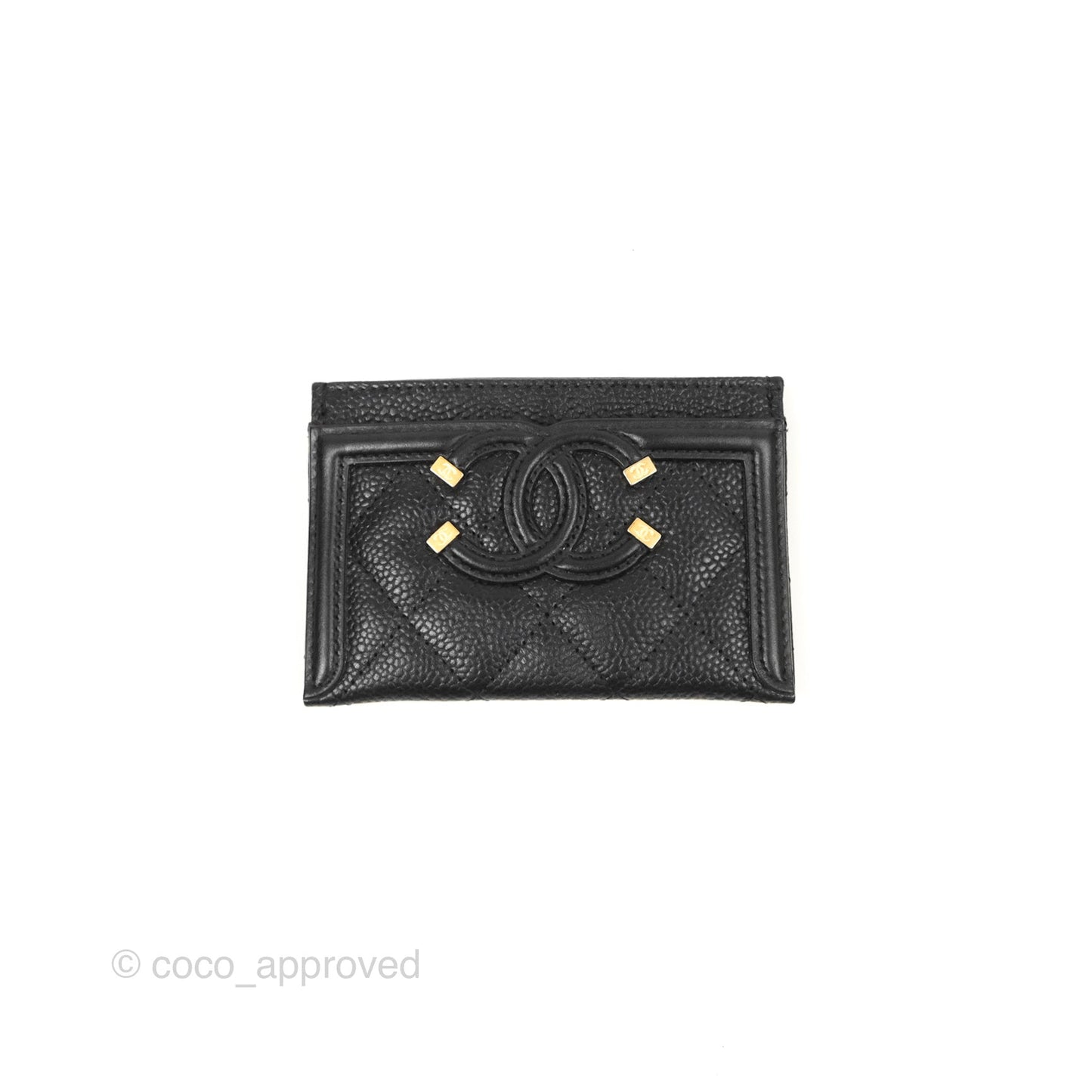 Chanel Filigree CC Flat Card Holder Black Caviar Gold Hardware